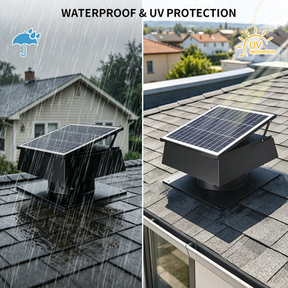 12 Inch Trapezoidal Adjustable Solar Roof Vent Fan with black metal housing and solar panel on Tampa Home & Garden Store