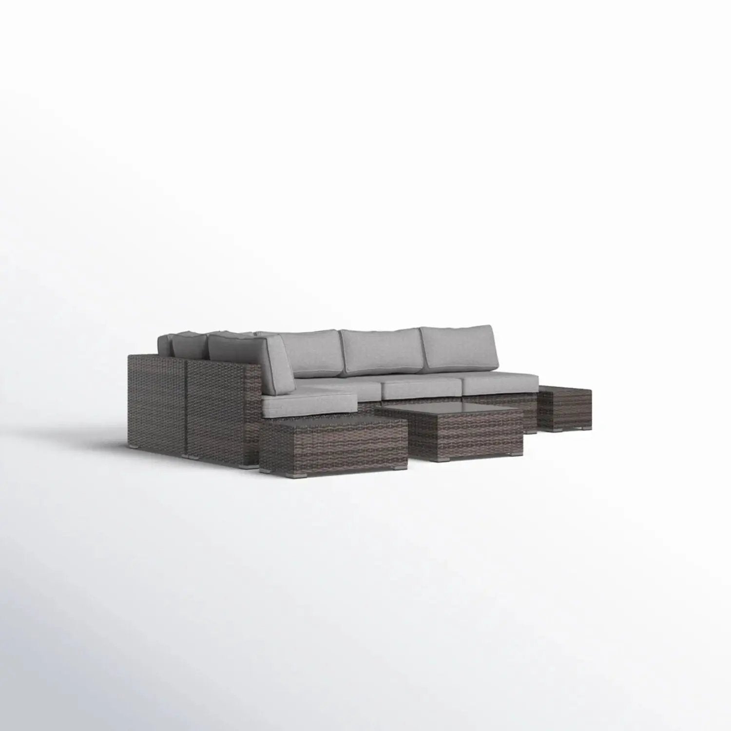 Wicker sectional seating group with cushions, 4-piece set in brown wicker and gray cushions on Tampa Home & Garden Store