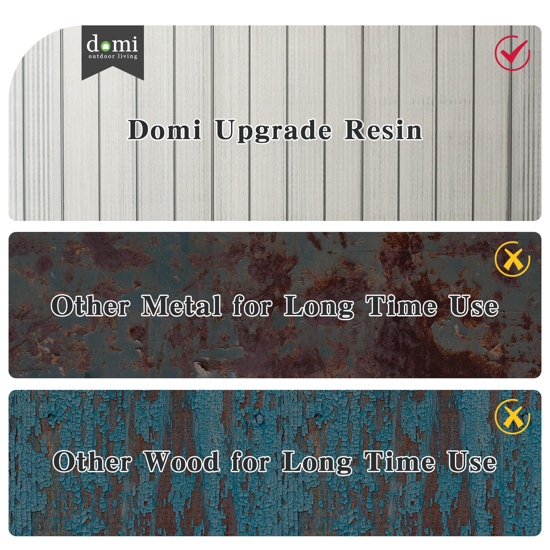 Domi Upgrade Resin branding on light wood panel backdrop with Domi Outdoor Living logo on Tampa Home & Garden Store
