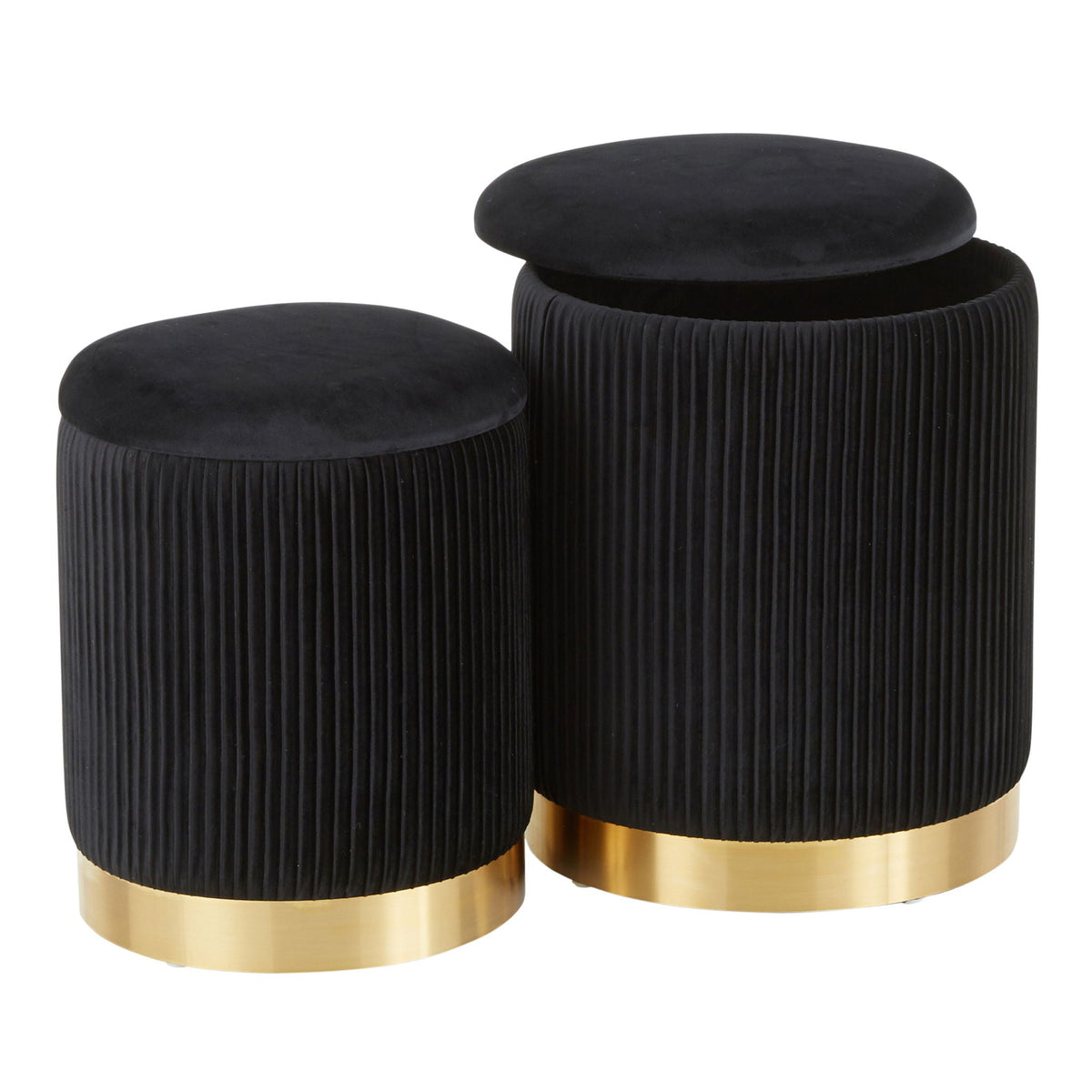Contemporary nesting pleated ottoman set, 3 black upholstered with gold bases on Tampa Home & Garden Store