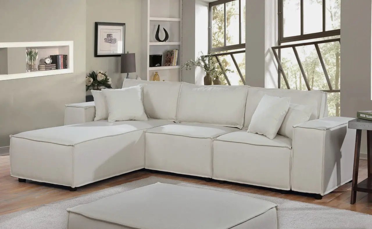 Harvey - Sofa With Reversible Chaise in cream fabric, stationary sectional with plush cushions on Tampa Home & Garden Store