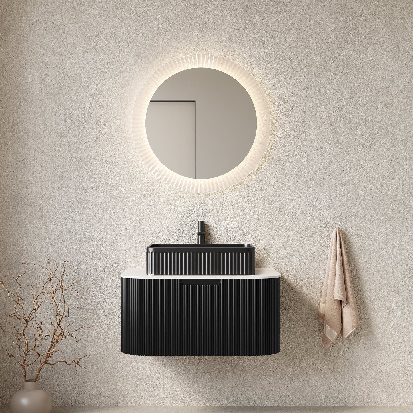 HouseOfZazla DINA 30in vanity & sink, black ribbed cabinet with white sink and round mirror on Tampa Home & Garden Store