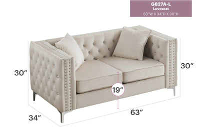 Elegant Track Arm Loveseat by Unique Piece Furniture, beige tufted upholstery with nailhead trim on Tampa Home & Garden Store