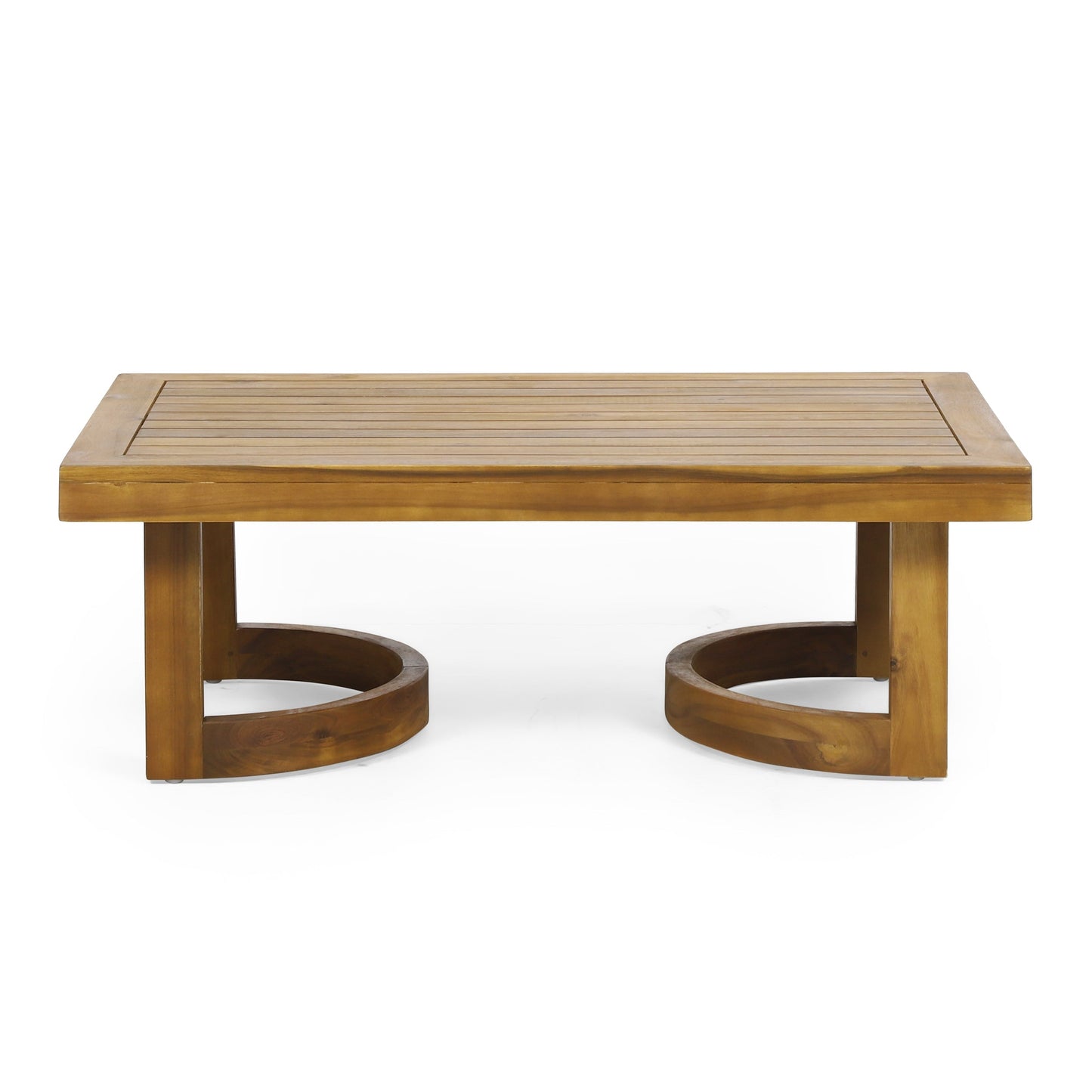 Outdoor Acacia Wood Loveseat and Coffee Table Set with Cushions, slatted top in warm finish on Tampa Home & Garden Store