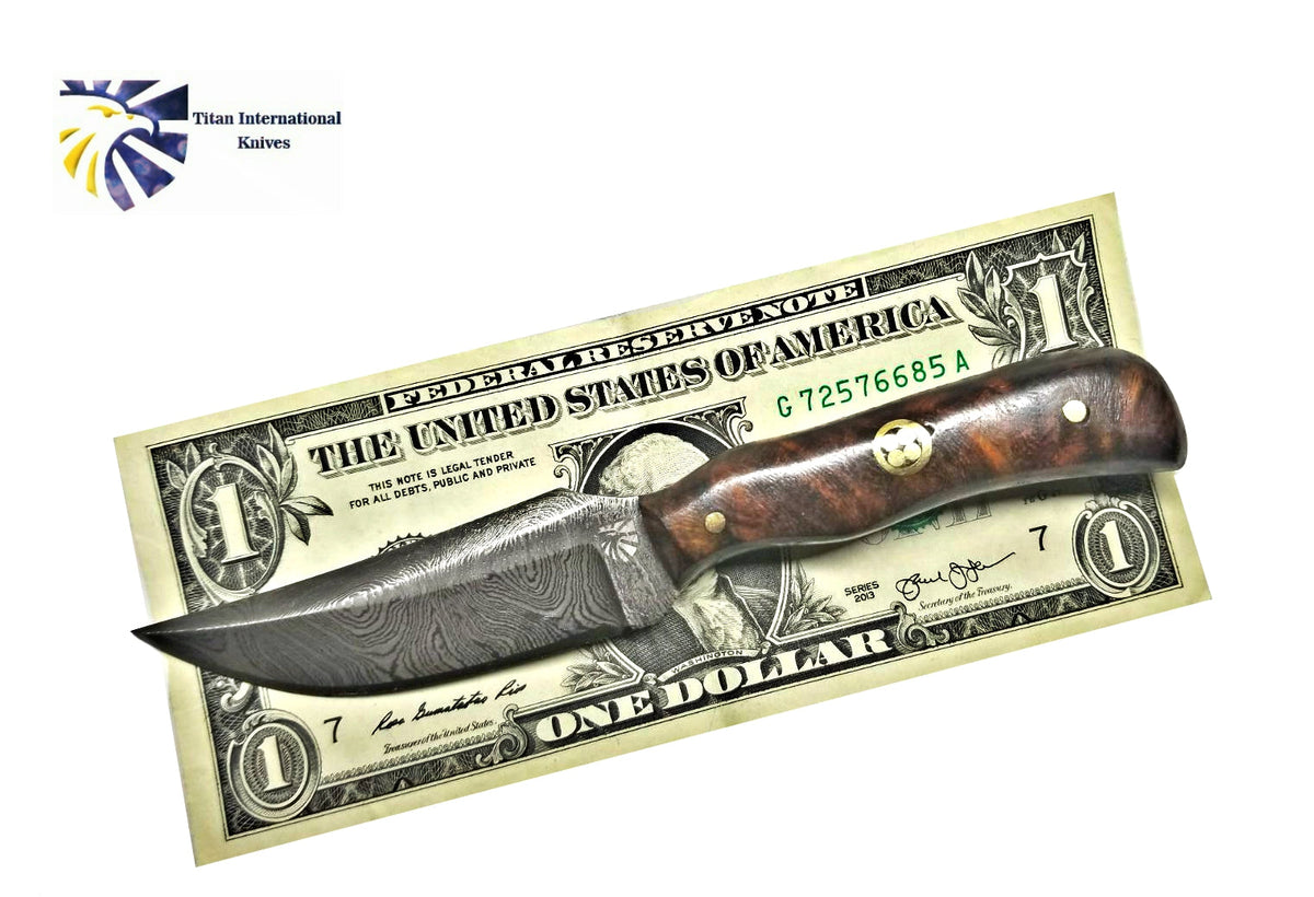 Damascus steel skinner knife with rosewood grip, Titan TD-178 on a dollar bill on Tampa Home & Garden Store