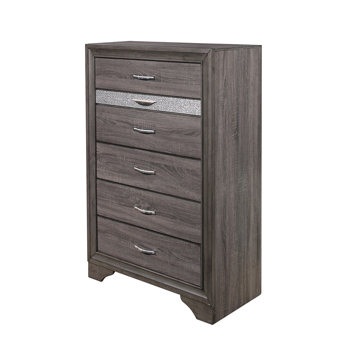 Gray sparkle accent chest with jewelry drawer, dark wood finish with silver-handled drawers on Tampa Home & Garden Store