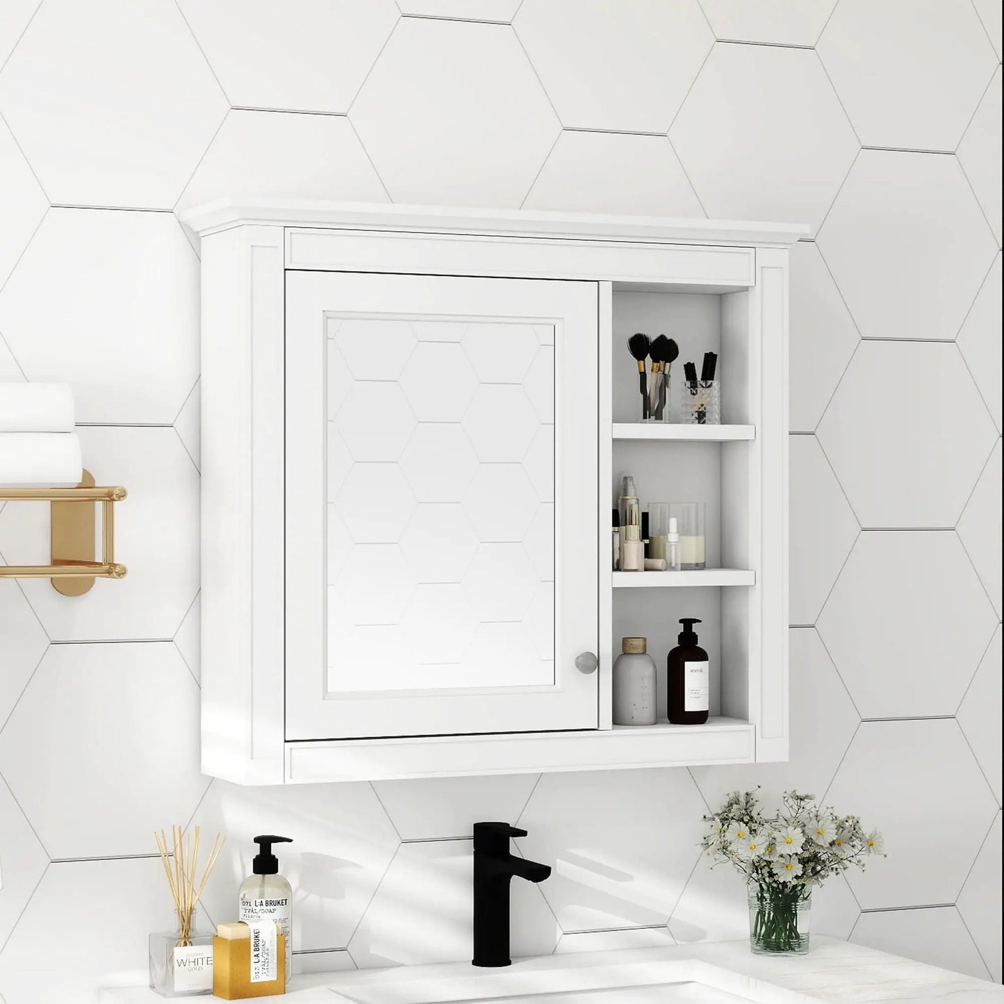 Wall Mounted Cabinet With Mirror and Open Shelves