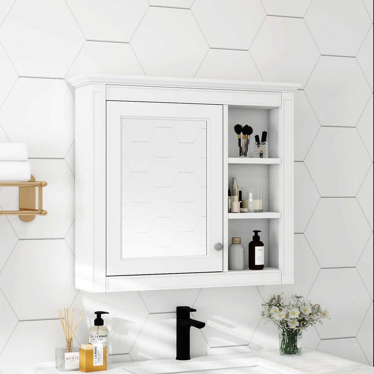 Wall Mounted Medicine Cabinet with Mirror and 3 Open Shelves, white finish, HouseOfZazla on Tampa Home & Garden Store
