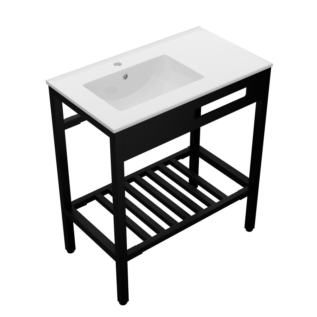 Console sink vanity with white porcelain basin and black steel legs on Tampa Home & Garden Store