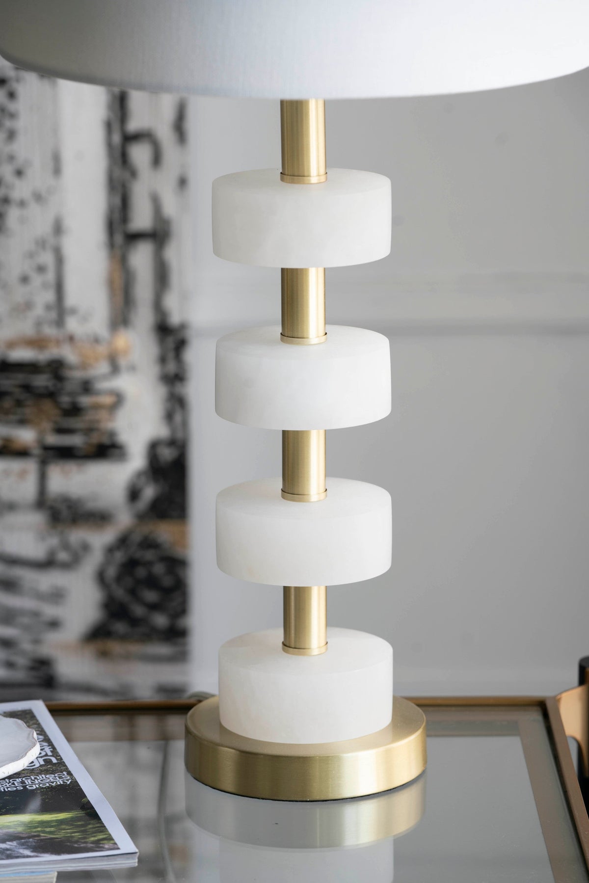 13x13x26 Marble Table Lamp with stacked white marble disks on brass stem and gold base on Tampa Home & Garden Store
