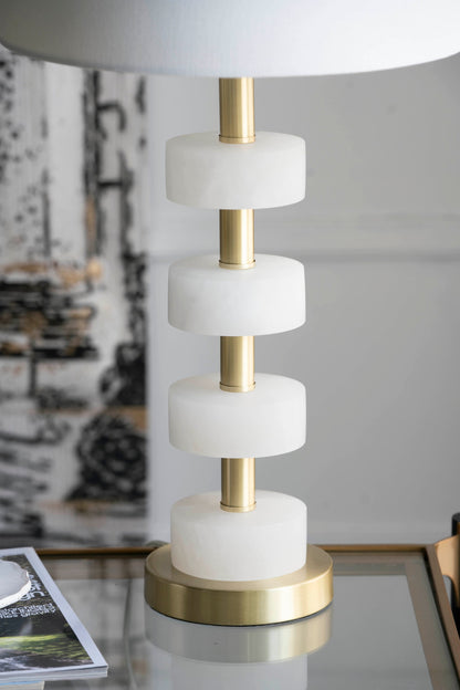 13x13x26 Marble Table Lamp with stacked white marble disks on brass stem and gold base on Tampa Home & Garden Store