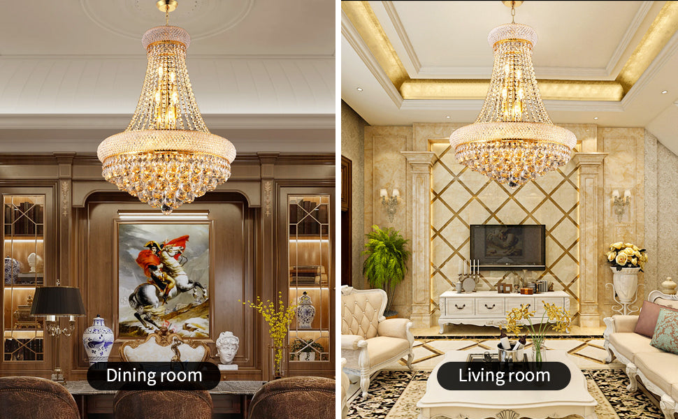 24-inch gold crystal chandelier, 12-light Empire ceiling light in dining and living spaces on Tampa Home & Garden Store