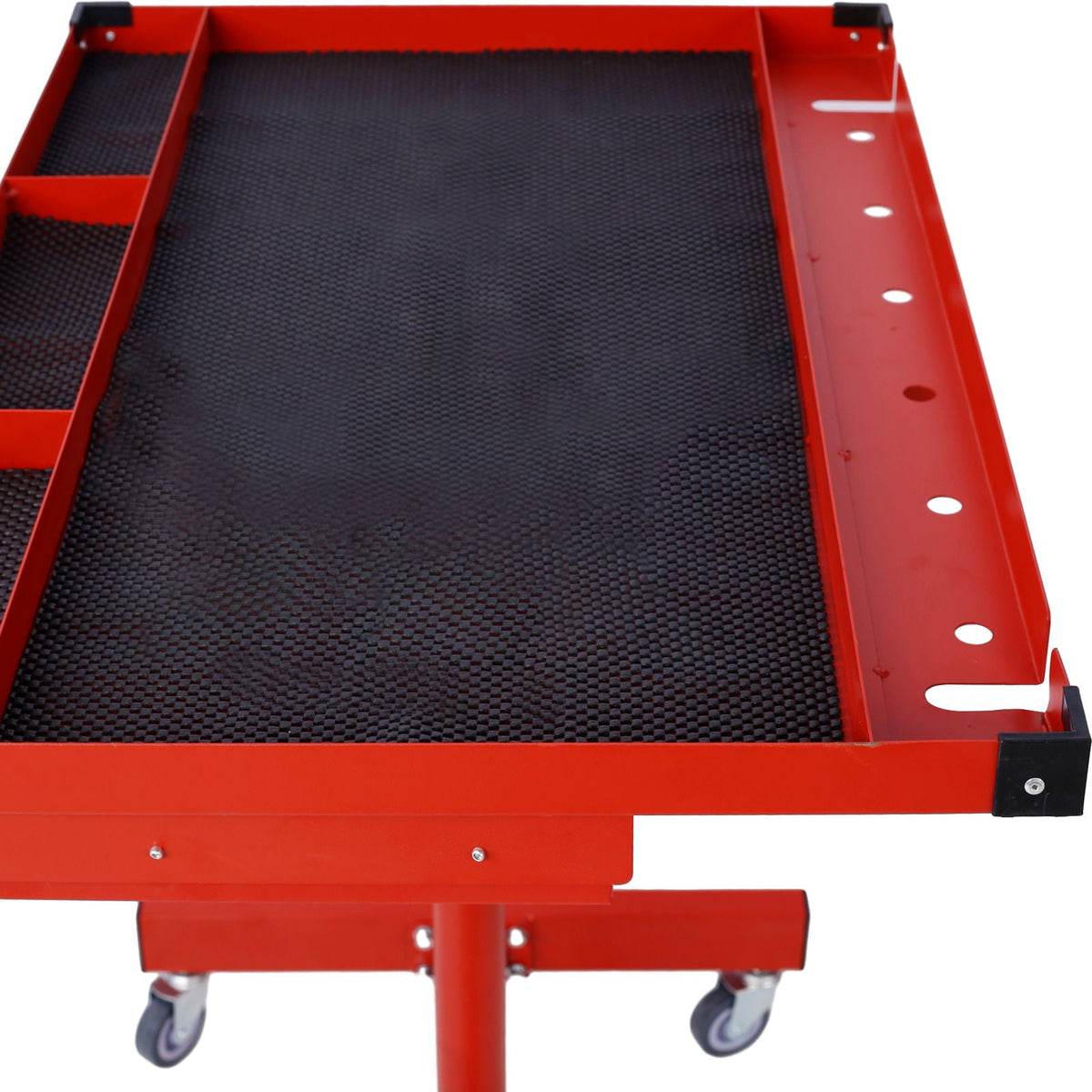Adjustable tear-down work table with drawer, red metal frame, black textured mat, casters on Tampa Home & Garden Store