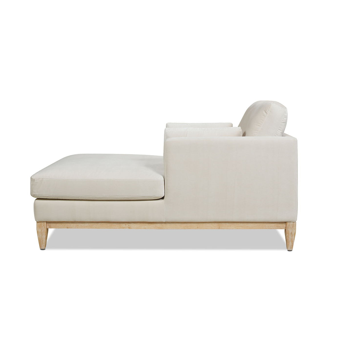 Modern farmhouse chaise lounge chair with removable cushions in cream fabric and wood legs on Tampa Home & Garden Store