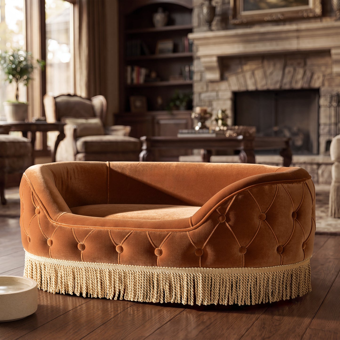 Monroe 33in dog sofa bed in burnt orange fabric, round tufted with fringe trim on Tampa Home & Garden Store