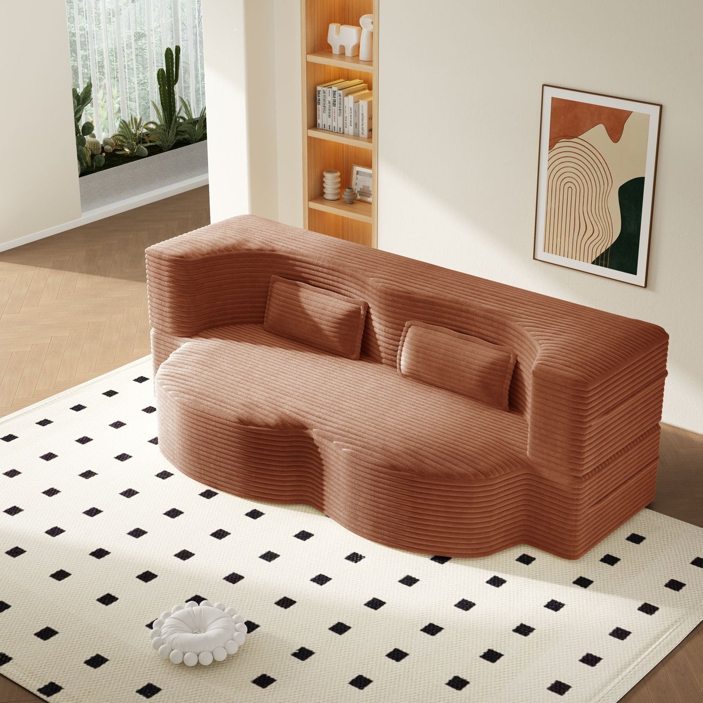 Modern floor futon sofa in terracotta with 2 pillows, convertible twin-size mattress on Tampa Home & Garden Store