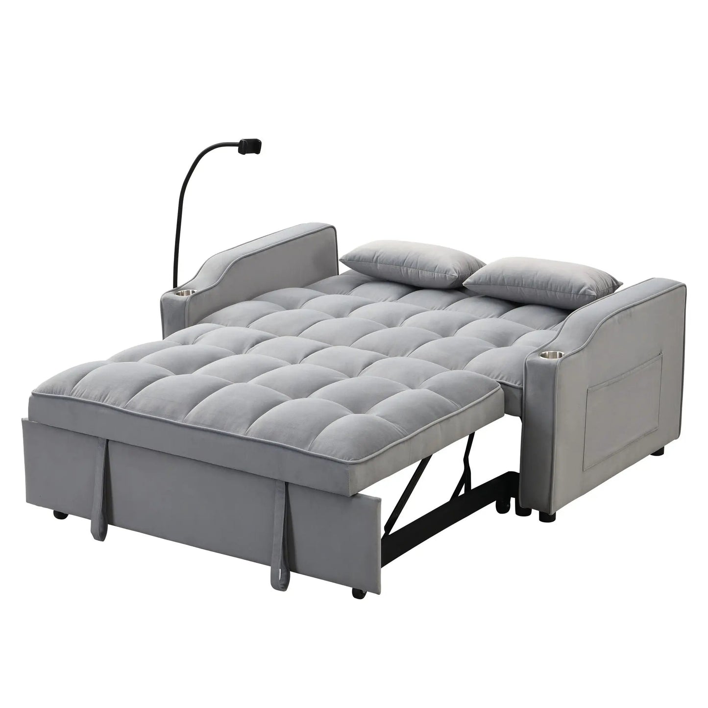 Modern gray tufted sleeper loveseat with pullout bed and adjustable backrest, toss pillows on Tampa Home & Garden Store