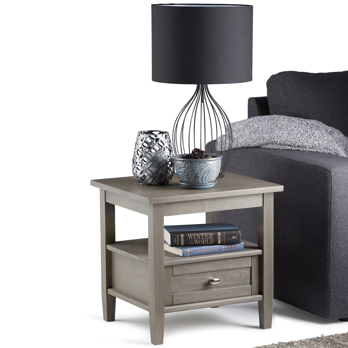 Warm Shaker coffee table with drawer and shelf in gray wood, topped with a shade lamp on Tampa Home & Garden Store