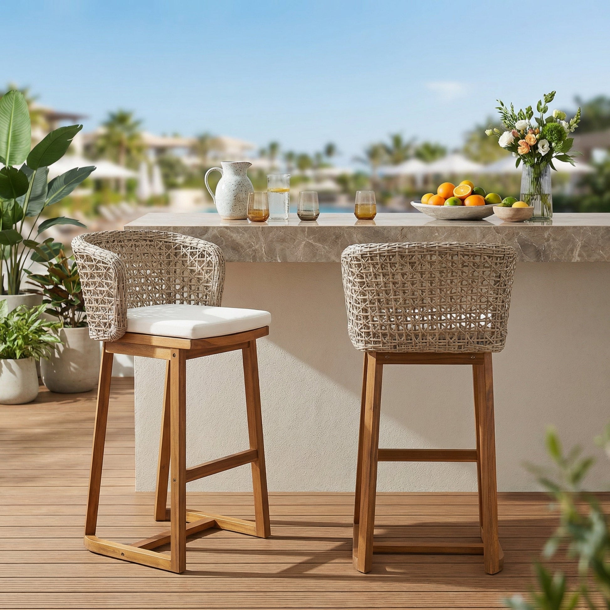 Outdoor Acacia Wood Bar Stools Set of 2 by HouseOfZazla with woven wicker backs on Tampa Home & Garden Store