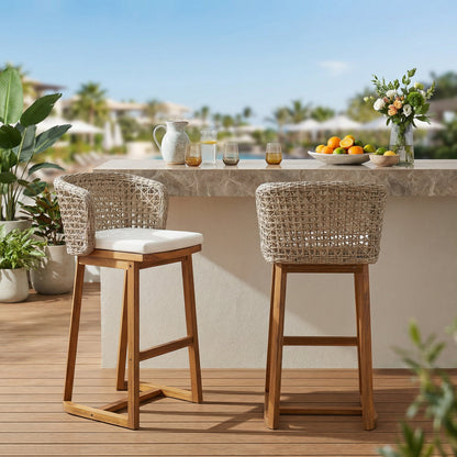 Outdoor Acacia Wood Bar Stools Set of 2 by HouseOfZazla with woven wicker backs on Tampa Home & Garden Store