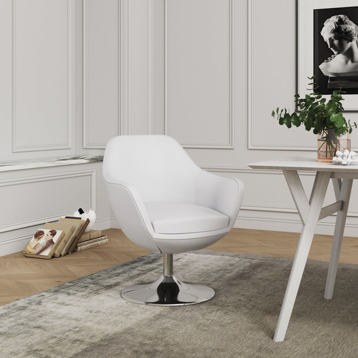 Caisson Swivel Lounge Chair HouseOfZazla, white upholstery with chrome pedestal base on Tampa Home & Garden Store