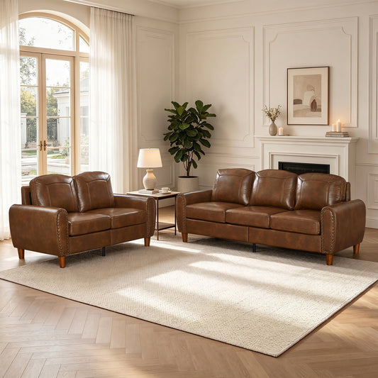 Breathable faux leather sofa set (2) in brown by HouseOfZazla for living room on Tampa Home & Garden Store