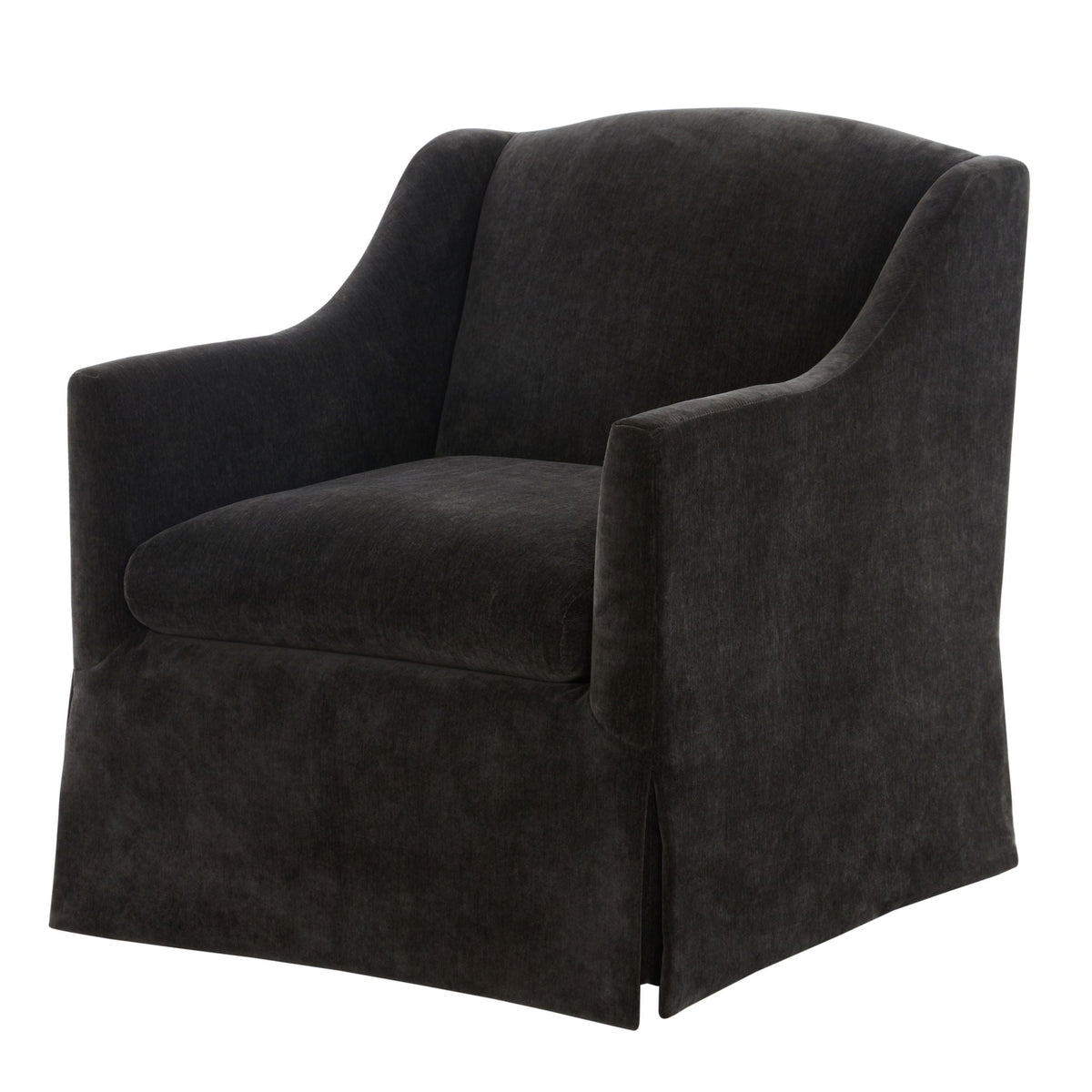 Skirted swivel accent chair in dark charcoal upholstery with 360° swivel base on Tampa Home & Garden Store