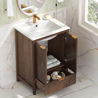 Modern bathroom vanity with sink, dark brown wood cabinet, white basin, gold faucet, open shelves on Tampa Home & Garden Store