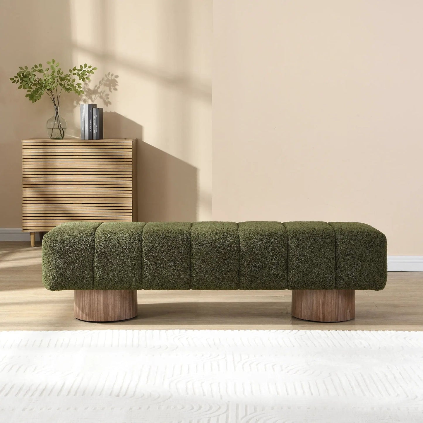 Upholstered dining bench olive-green fabric with tufted cushions and round wood legs on Tampa Home & Garden Store