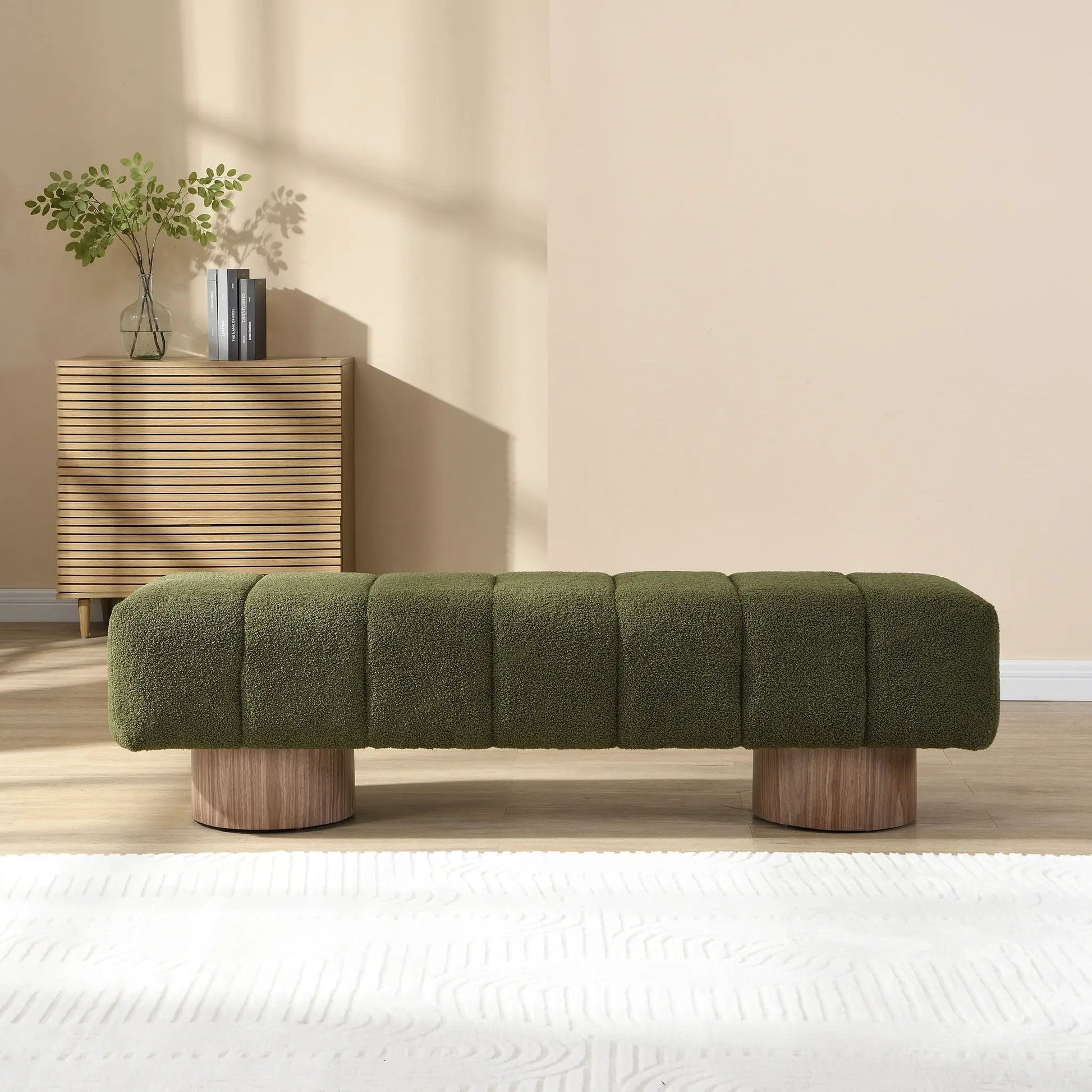 Upholstered dining bench olive-green fabric with tufted cushions and round wood legs on Tampa Home & Garden Store