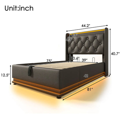 Upholstered storage bed with 360-surround LED, tufted headboard, black faux leather finish on Tampa Home & Garden Store