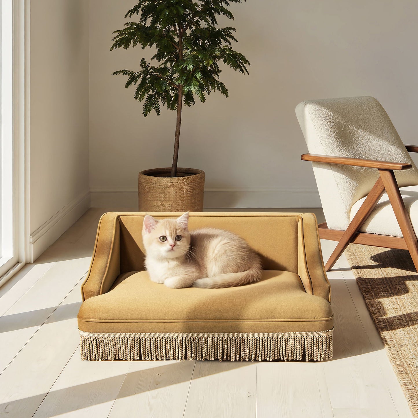 Duchess pet bed sofa in tan faux leather with fringe base; cat relaxing inside on Tampa Home & Garden Store
