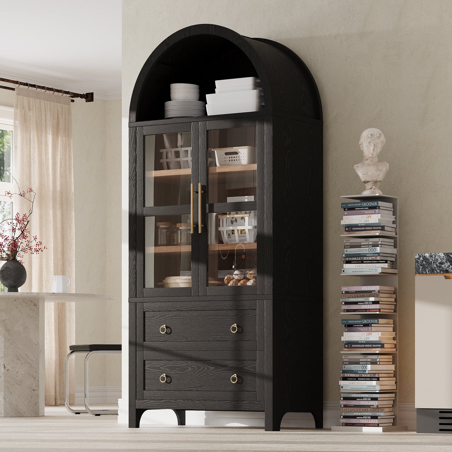 Arched Kitchen Pantry Cabinet and Glass Doors