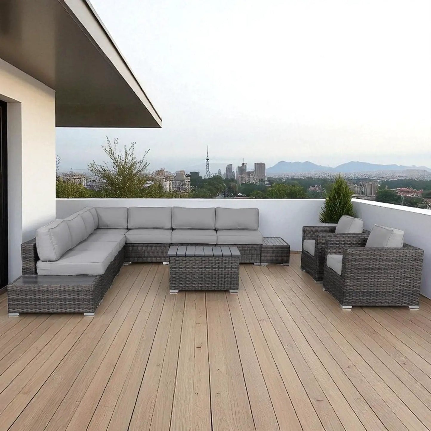 3-Piece Outdoor Sectional Set in gray wicker with cushions and coffee table on terrace on Tampa Home & Garden Store