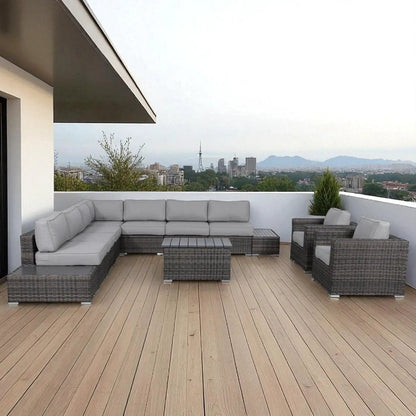 3-Piece Outdoor Sectional Set in gray wicker with cushions and coffee table on terrace on Tampa Home & Garden Store