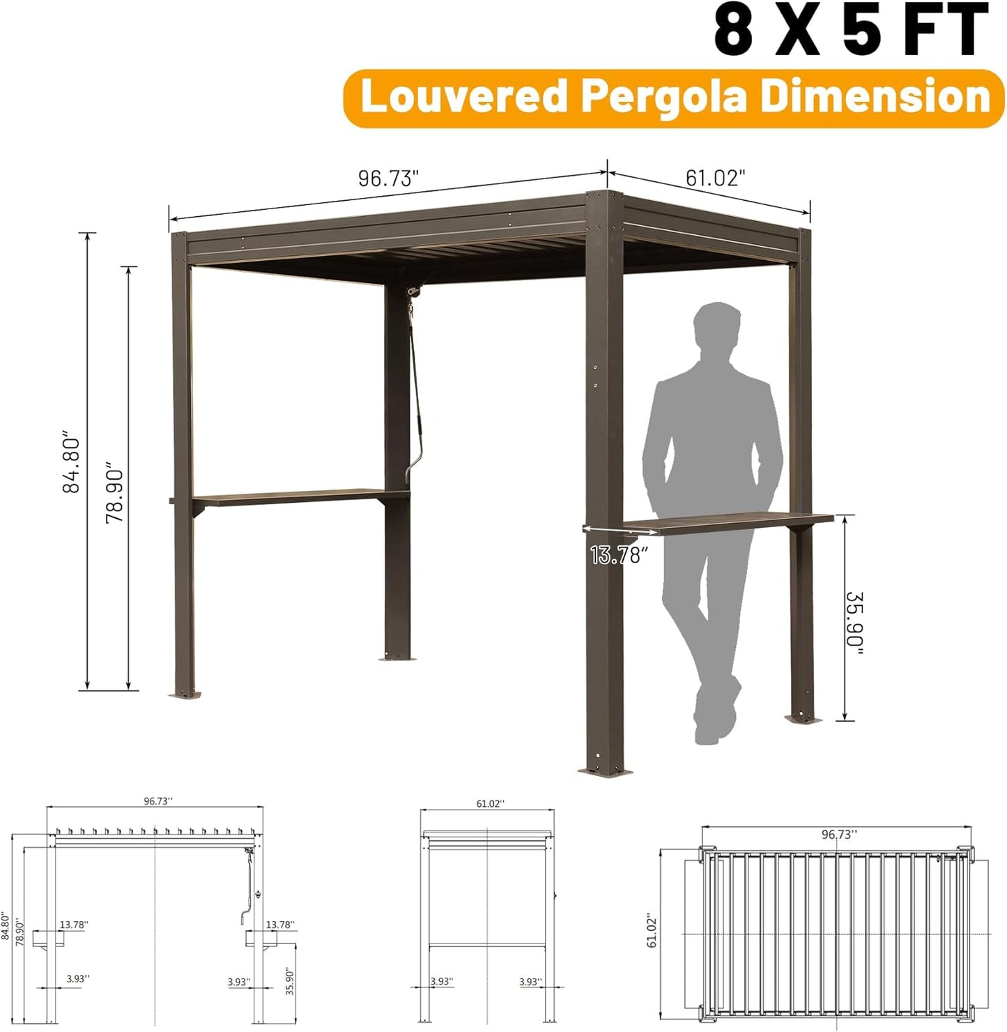 8x5 Ft Metal Grill Pergola with Adjustable Roof