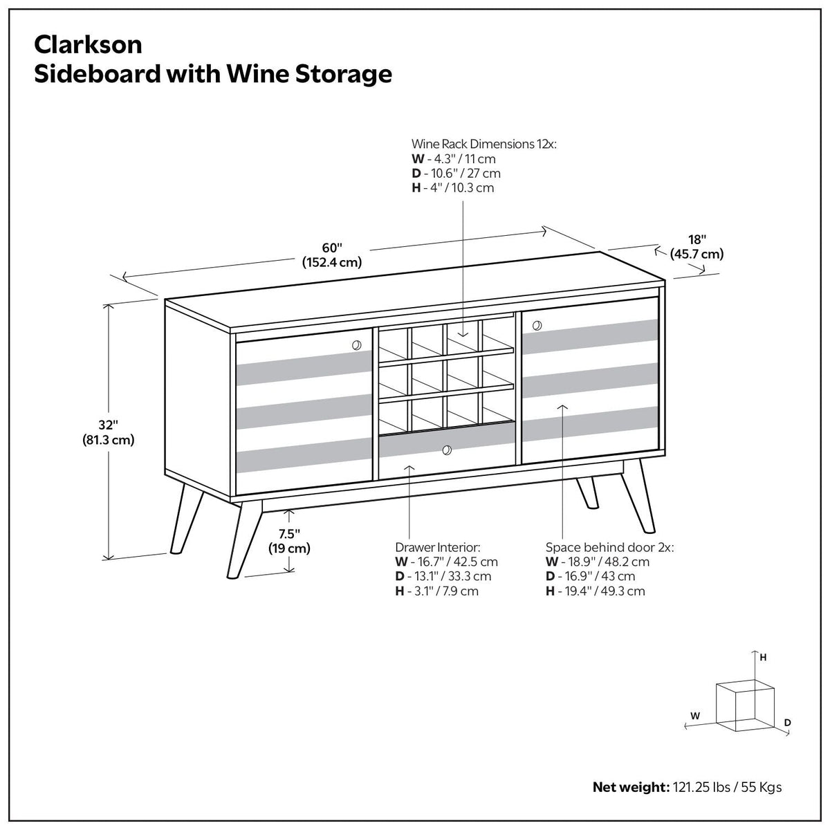 Clarkson sideboard with storage in solid acacia wood brown, 60in length, wine rack on Tampa Home & Garden Store