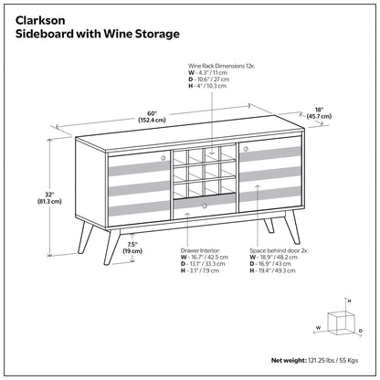 Clarkson sideboard with storage in solid acacia wood brown, 60in length, wine rack on Tampa Home & Garden Store