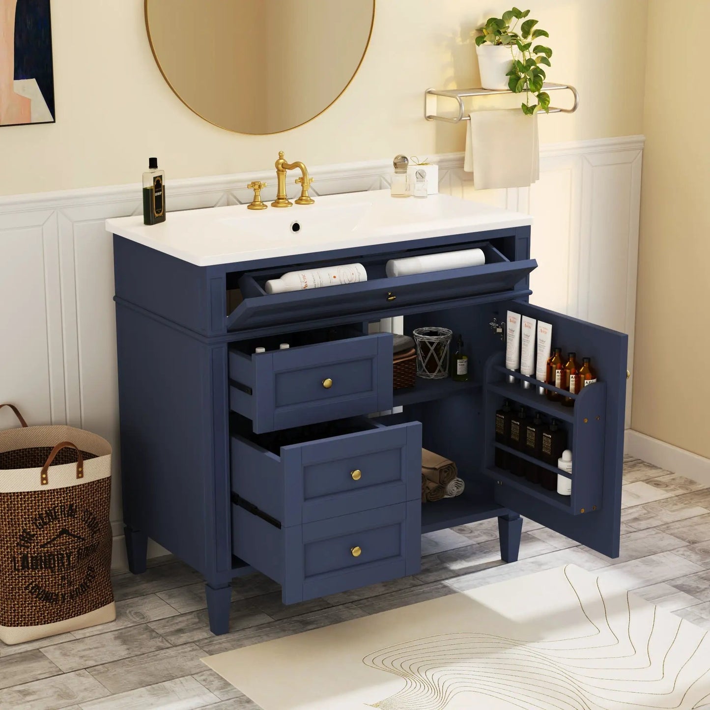 Blue Bathroom Vanity With Top Sink and Storage