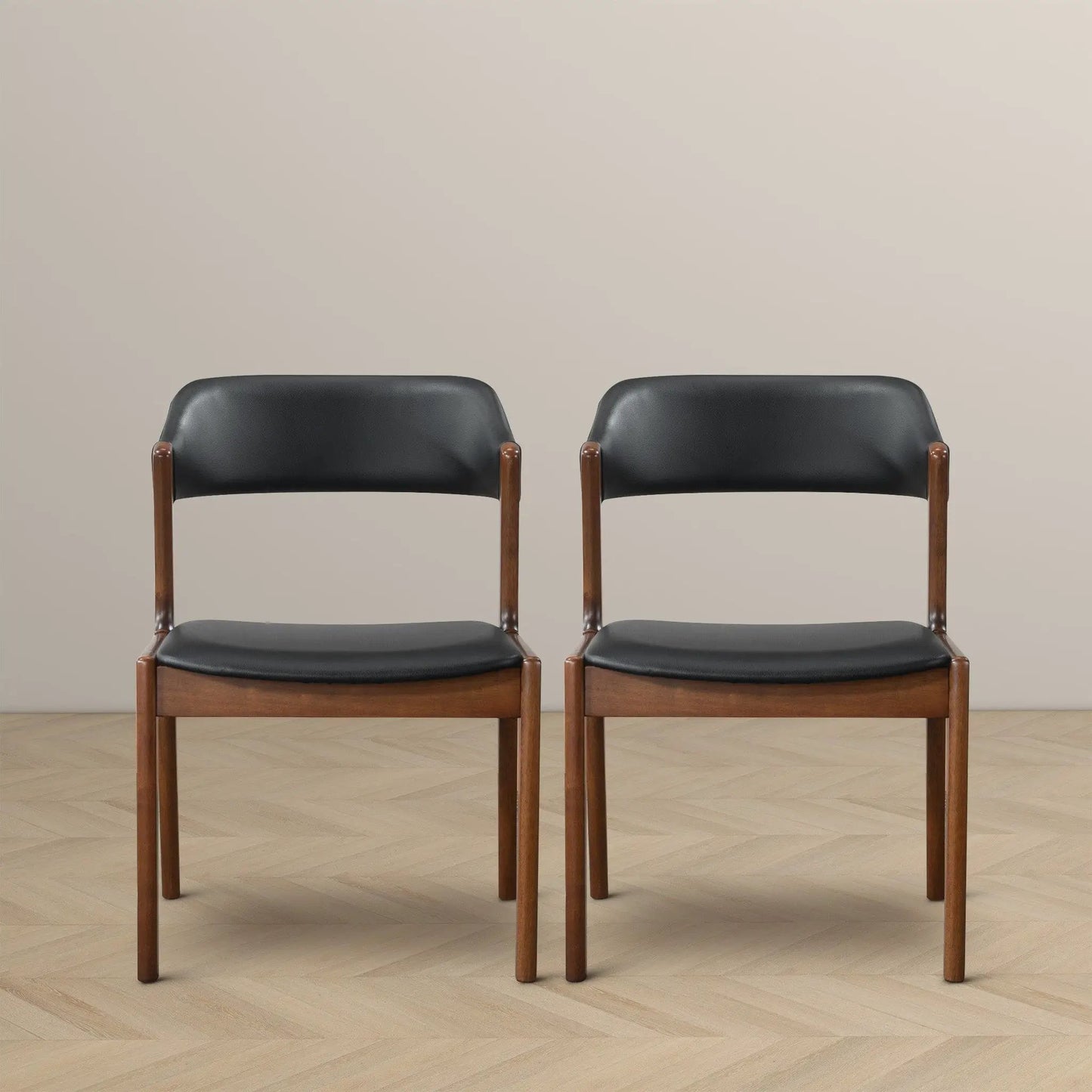 Enzo Dining Chair pair, black leather seat with brown wood legs, Unique Piece Furniture on Tampa Home & Garden Store
