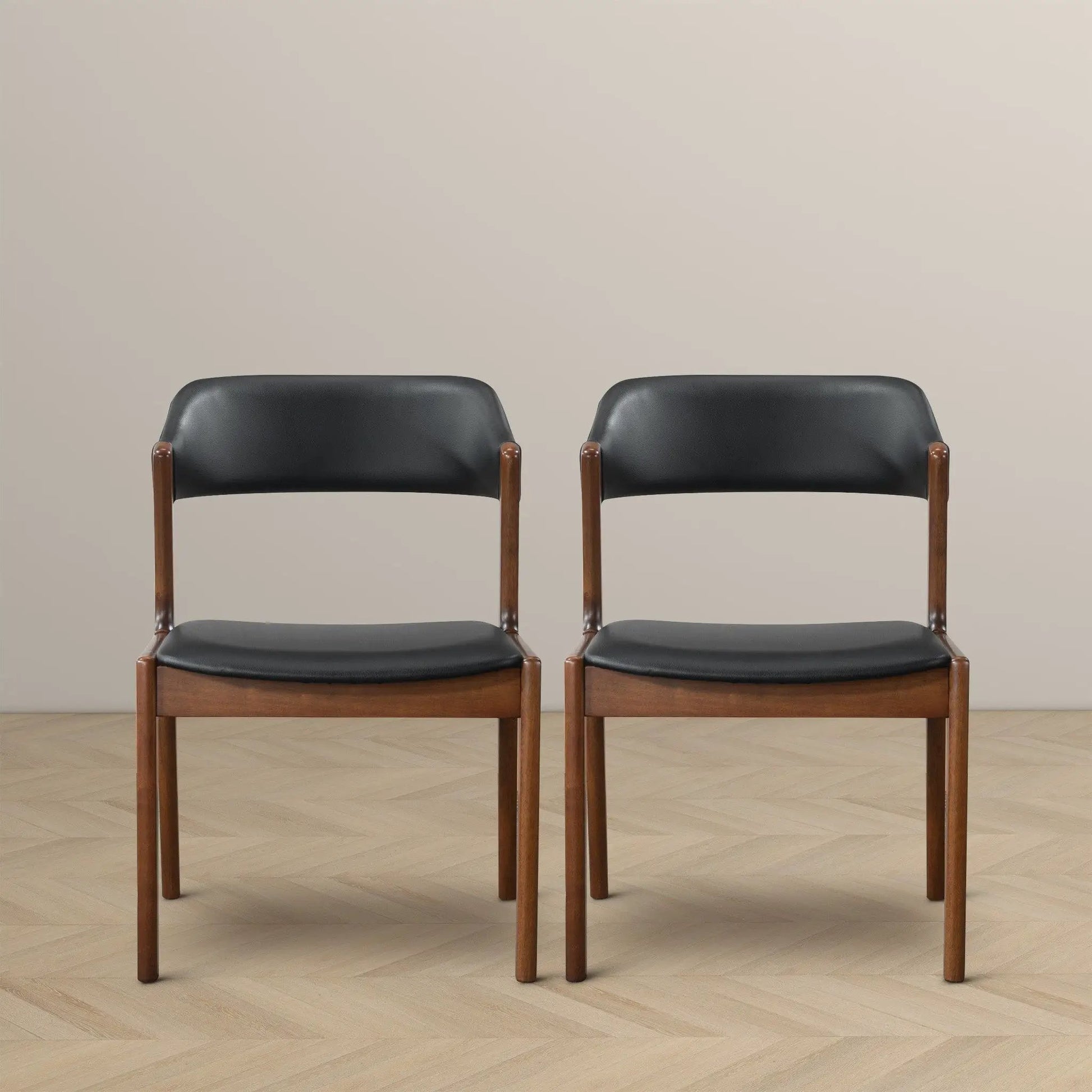 Enzo Dining Chair pair, black leather seat with brown wood legs, Unique Piece Furniture on Tampa Home & Garden Store