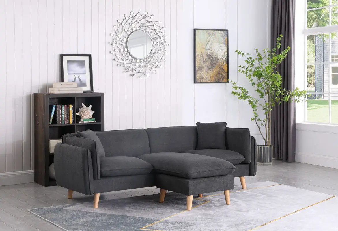 Brayden Fabric Sectional Sofa Chaise, dark gray upholstery, wooden legs, Unique Piece Furniture on Tampa Home & Garden Store