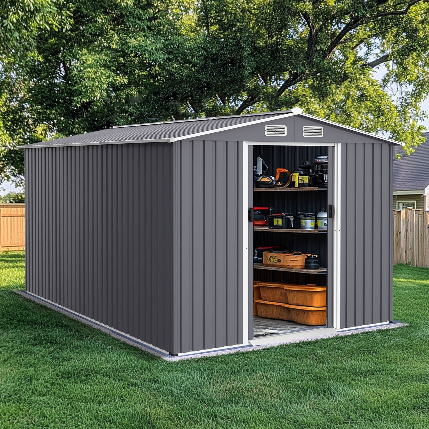 Large Metal Storage Shed and Heavy Sliding Doors