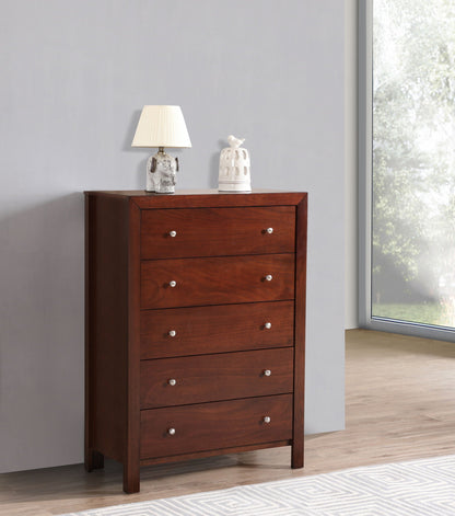 Modern Elegant Transitional Storage Chest with Spacious Drawers in dark wood finish by HouseOfZazla with a lamp and ceramic vase on top on Tampa Home & Garden Store