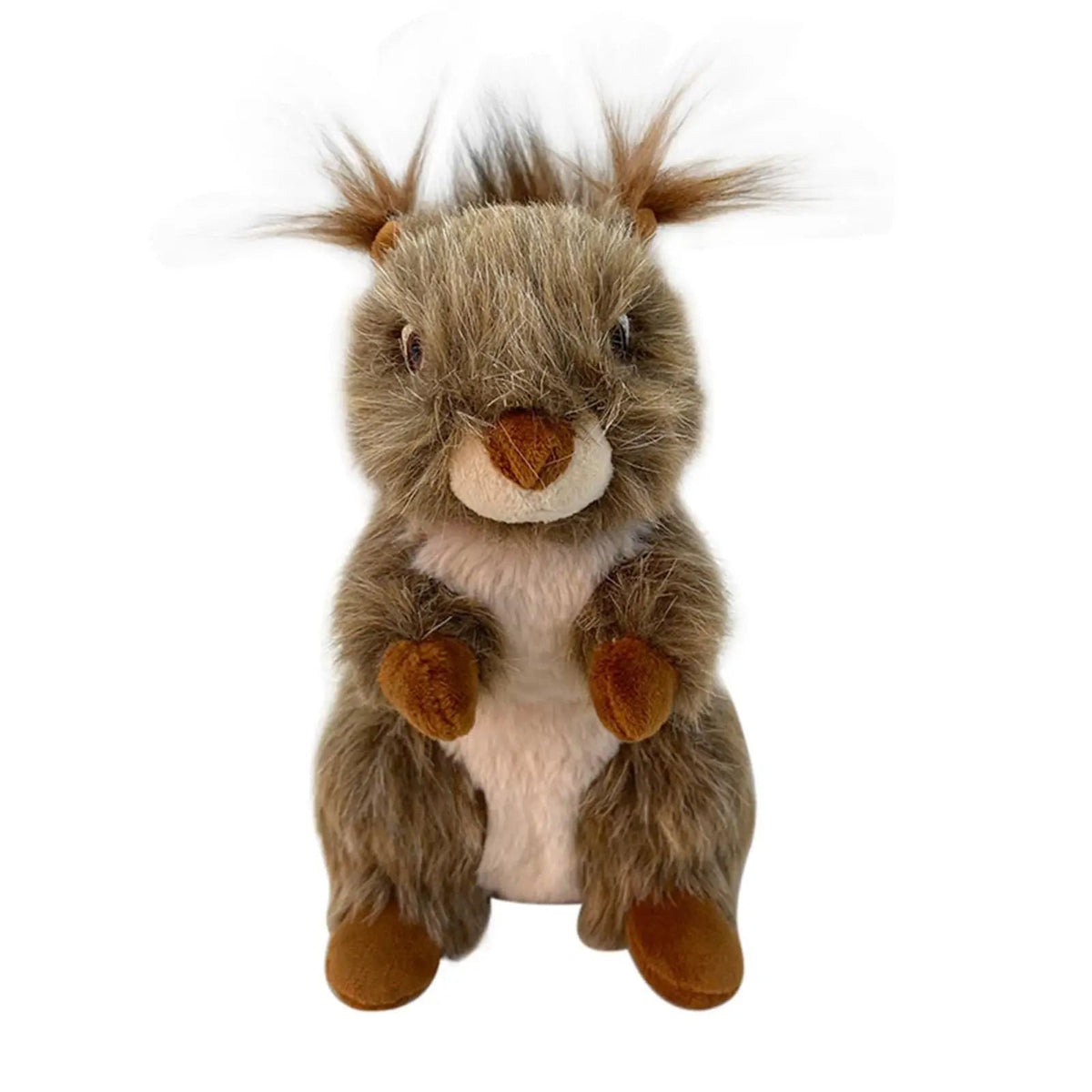 Plush squirrel dog toy, brown fur with white belly, squeaky interactive chew toy on Tampa Home & Garden Store