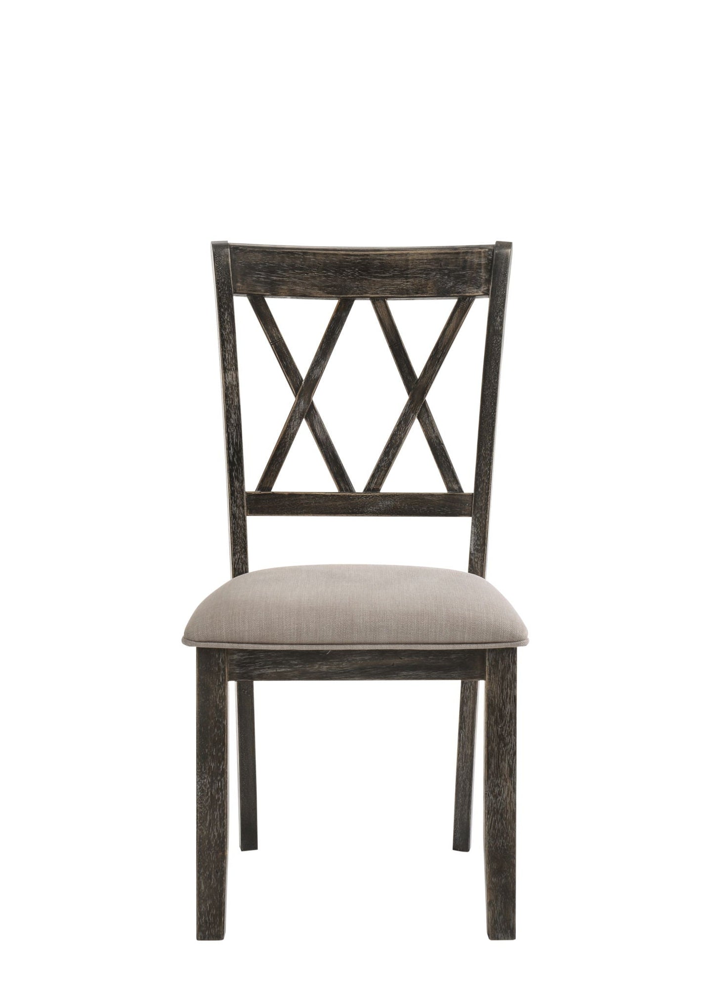 Claudia II weathered side chair with beige gray upholstered seat, set of 2, X-back on Tampa Home & Garden Store