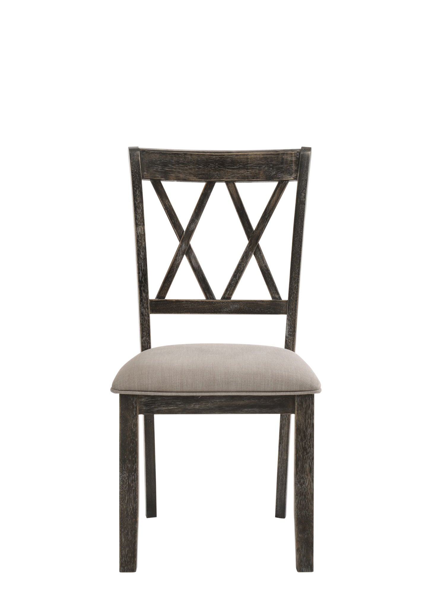 Claudia II weathered side chair with beige gray upholstered seat, set of 2, X-back on Tampa Home & Garden Store