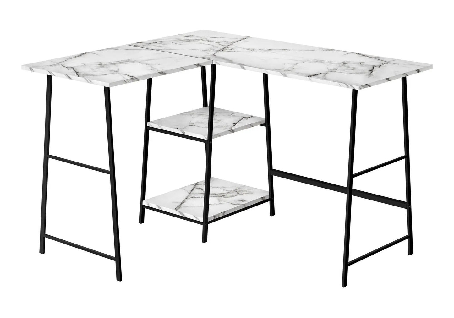 Unique Piece Furniture marble-look L-shaped corner desk with shelves and black metal legs on Tampa Home & Garden Store