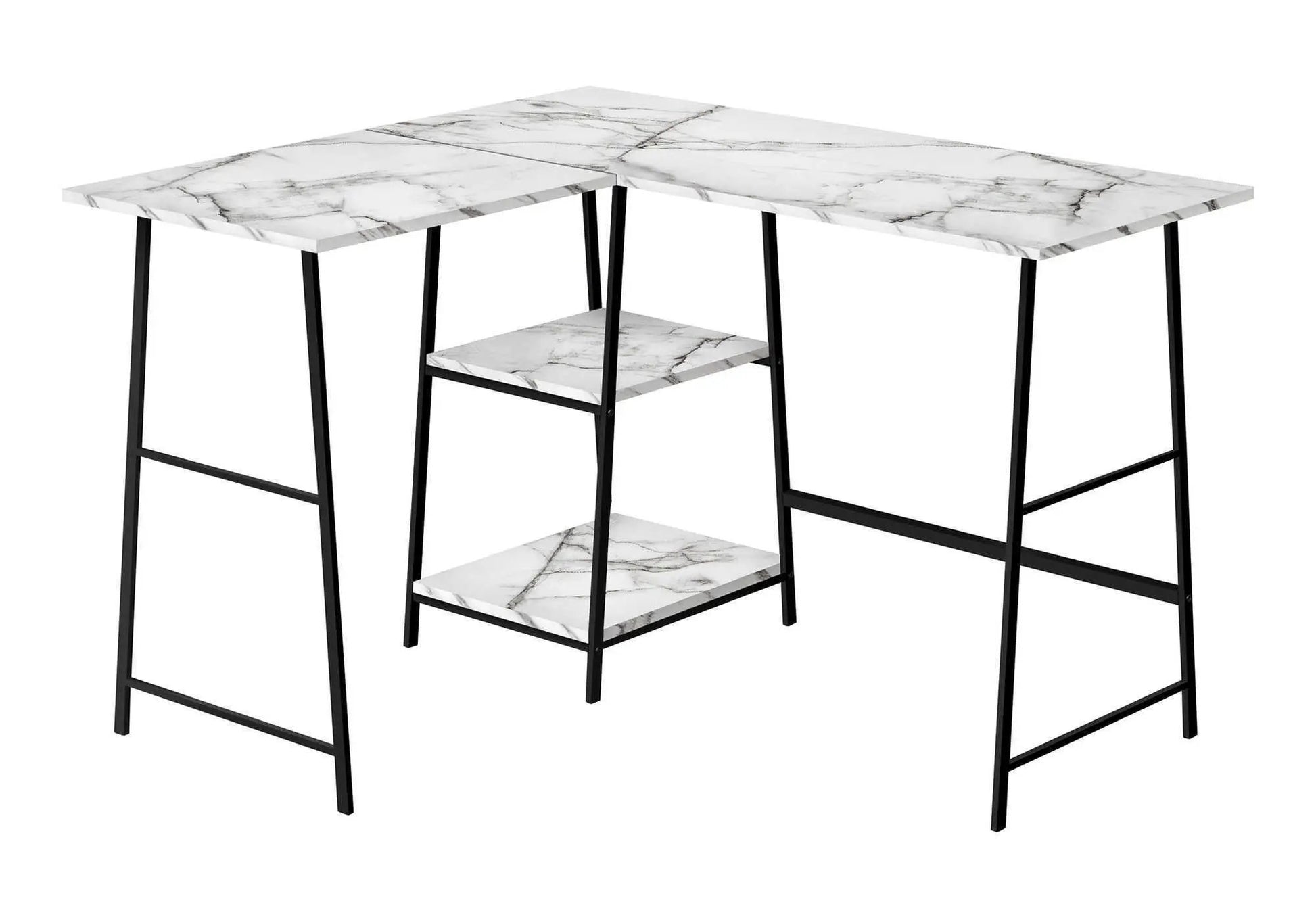 Unique Piece Furniture marble-look L-shaped corner desk with shelves and black metal legs on Tampa Home & Garden Store