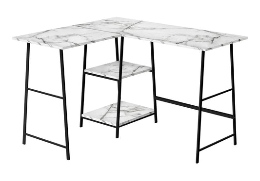Unique Piece Furniture marble-look L-shaped corner desk with shelves and black metal legs on Tampa Home & Garden Store